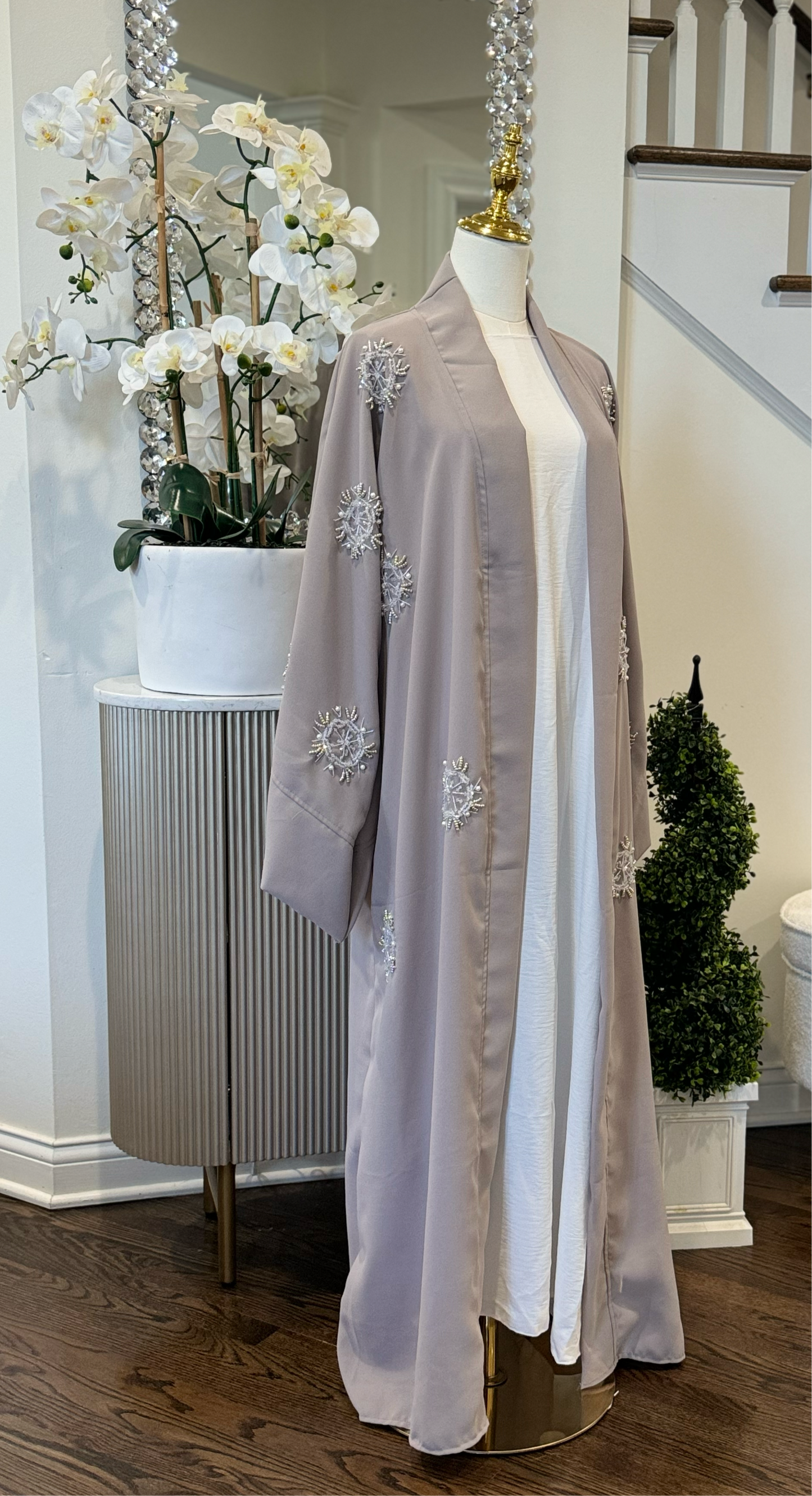 Embellished Beaded Gray Open Abaya Wide Sleeves