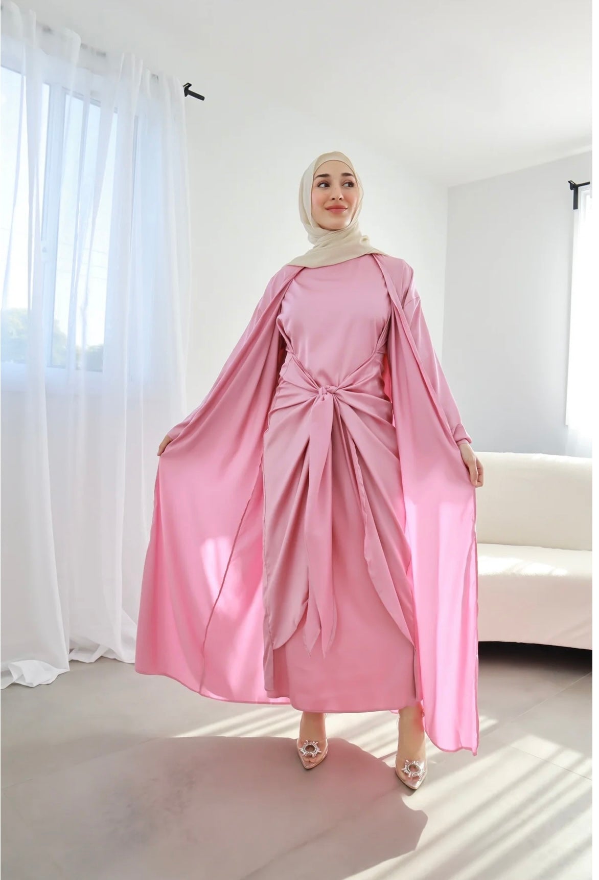 Abaya Modest Dress Silk Long Kimono Abaya Tie-Wrap Skirt