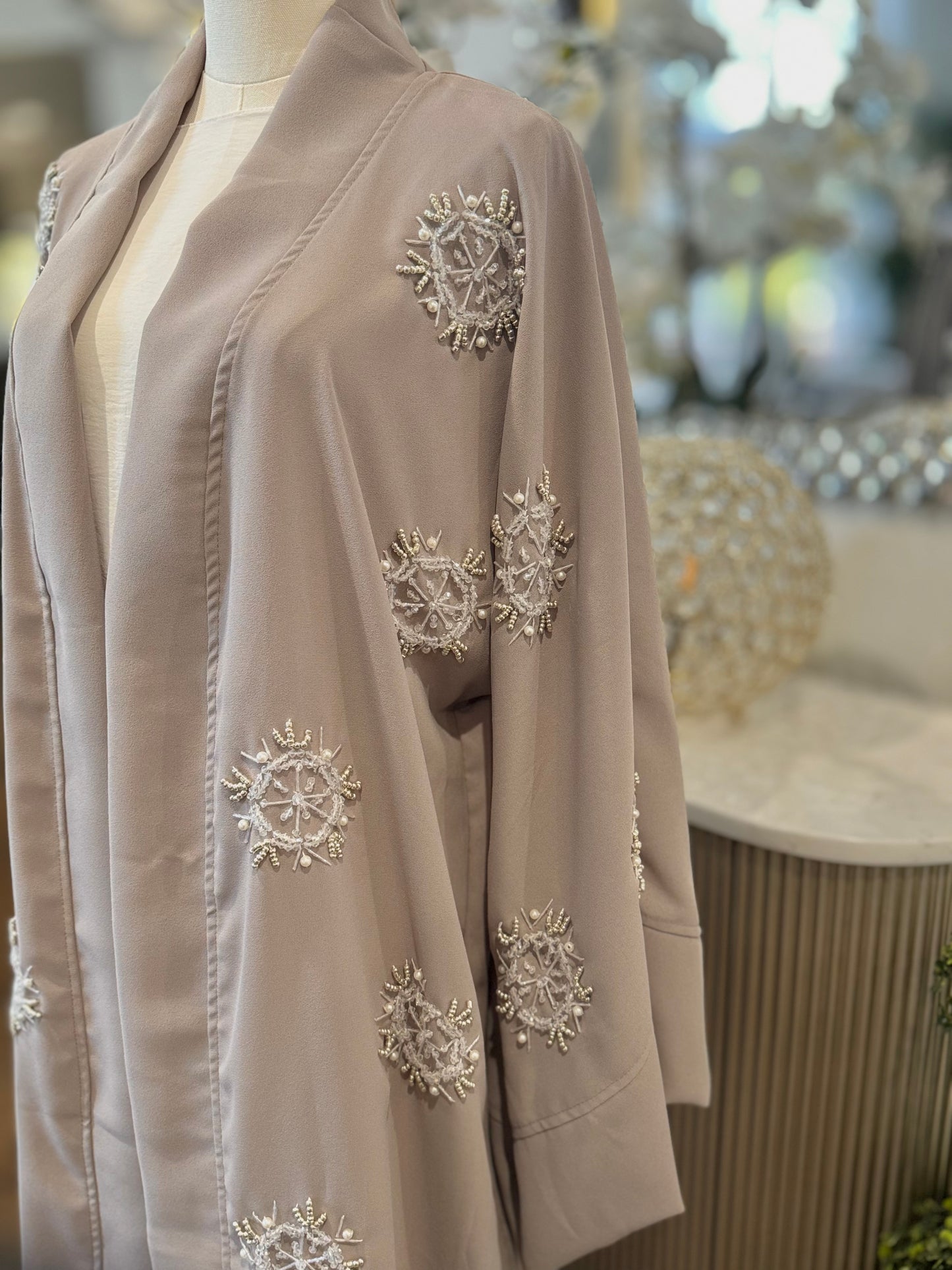 Embellished Beaded Gray Open Abaya Wide Sleeves