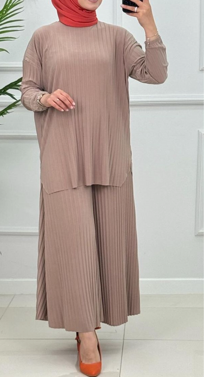 2 pcs Pleated wide casual solid color pants set