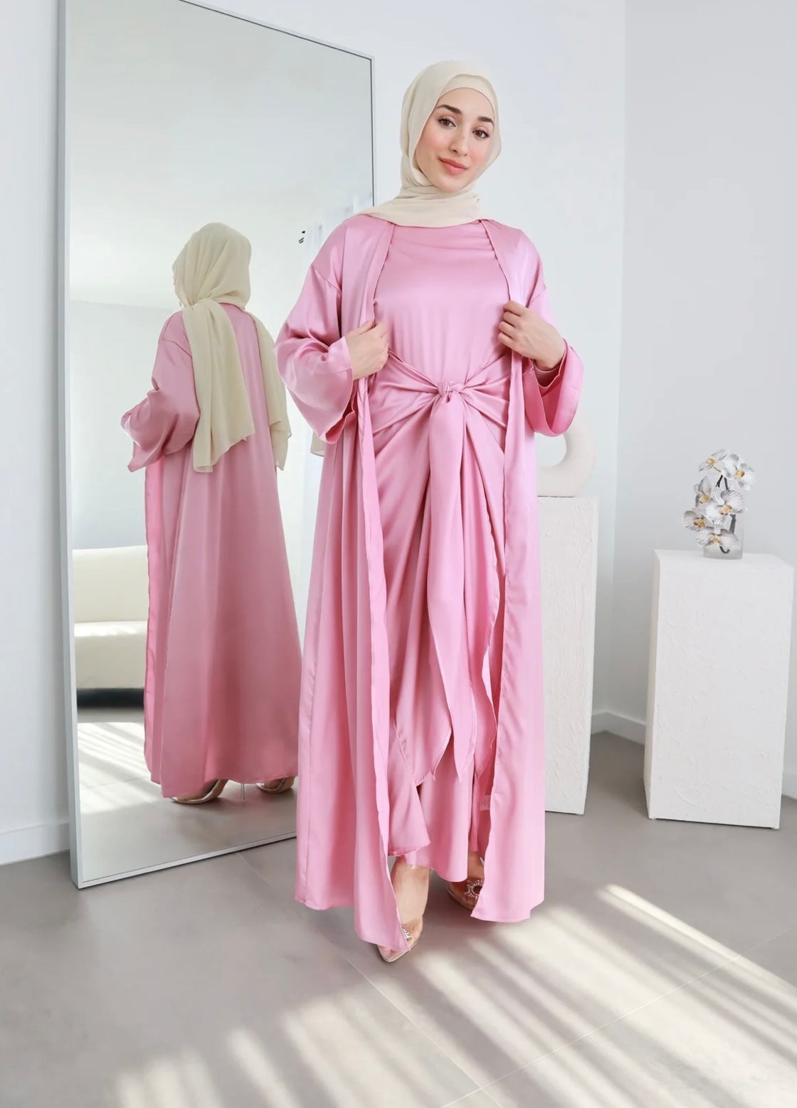 Abaya Modest Dress Silk Long Kimono Abaya Tie-Wrap Skirt