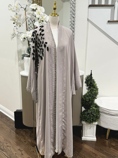 Embellished Black Silver Beaded Wide Sleeves Abaya