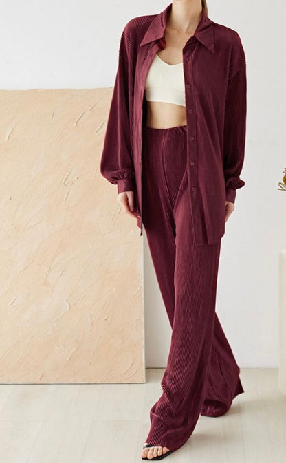 FULL PLEATED PLISSE SHIRT AND PANTS SET