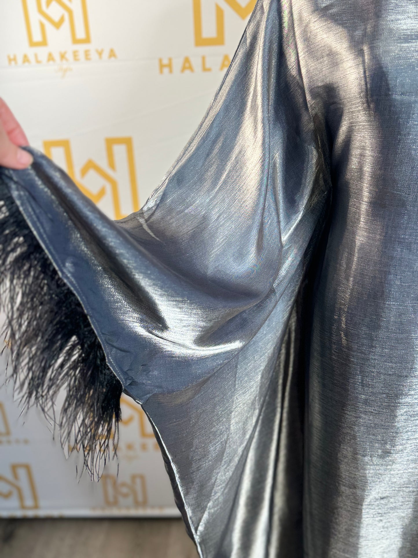 BUTTERFLY ABAYA-GREY Feather Cuff Details