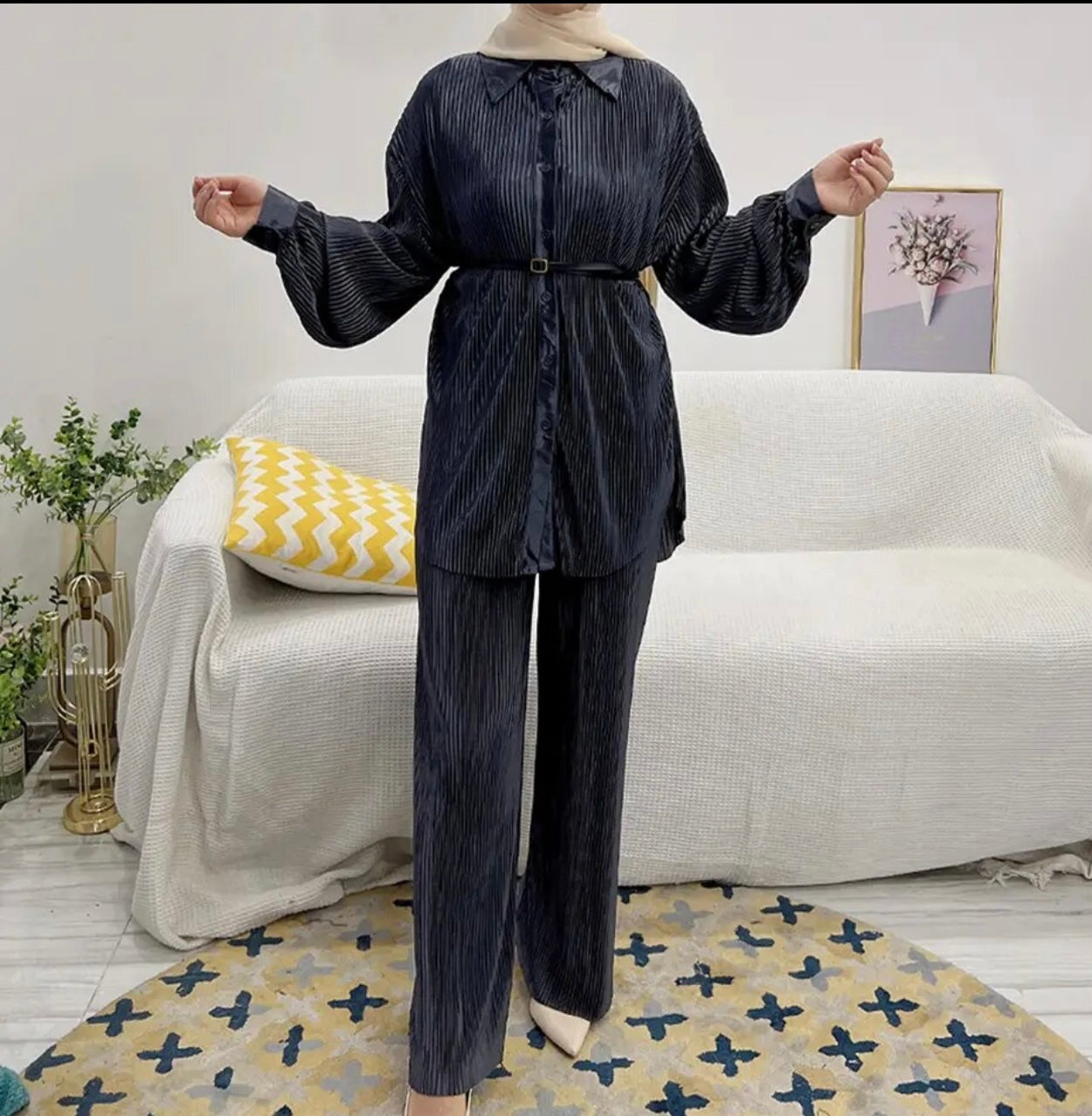 FULL PLEATED PLISSE SHIRT AND PANTS SET