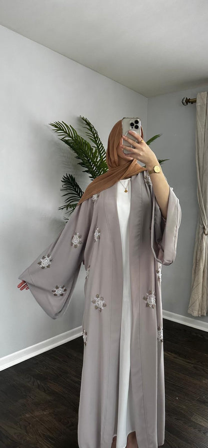 Embellished Beaded Gray Open Abaya Wide Sleeves