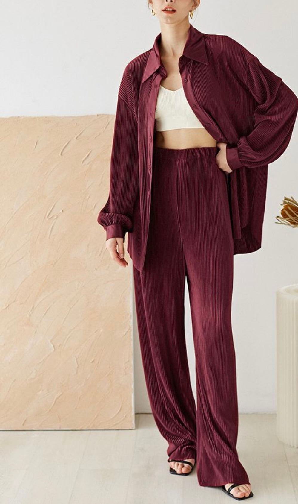 FULL PLEATED PLISSE SHIRT AND PANTS SET