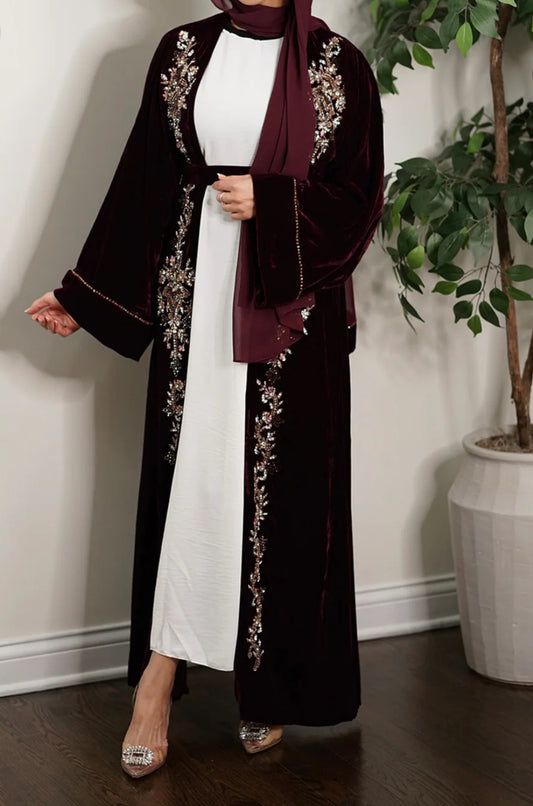 Wine maroon 3 pc set Embellished beaded velvet Abaya (A6)