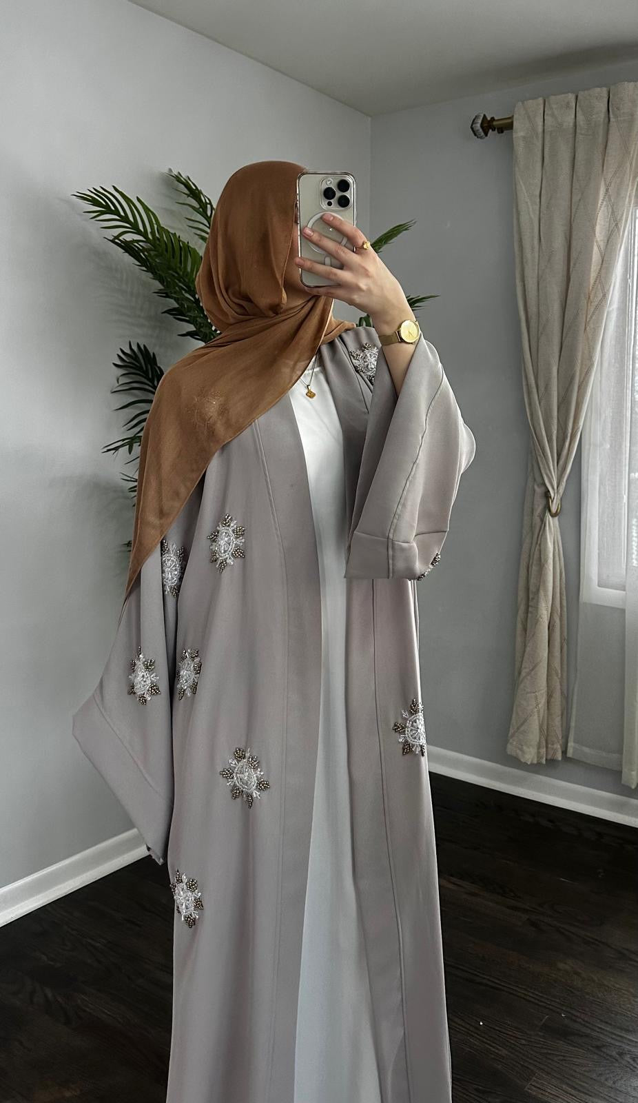 Embellished Beaded Gray Open Abaya Wide Sleeves