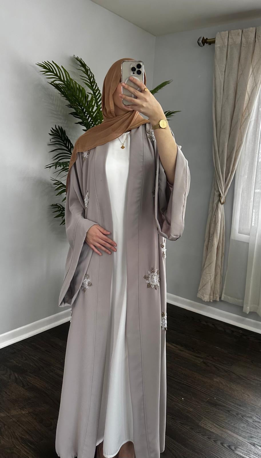 Embellished Beaded Gray Open Abaya Wide Sleeves