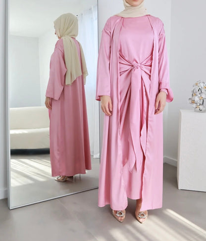 Abaya Modest Dress Silk Long Kimono Abaya Tie-Wrap Skirt