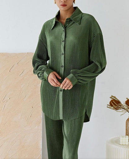 FULL PLEATED PLISSE SHIRT AND PANTS SET