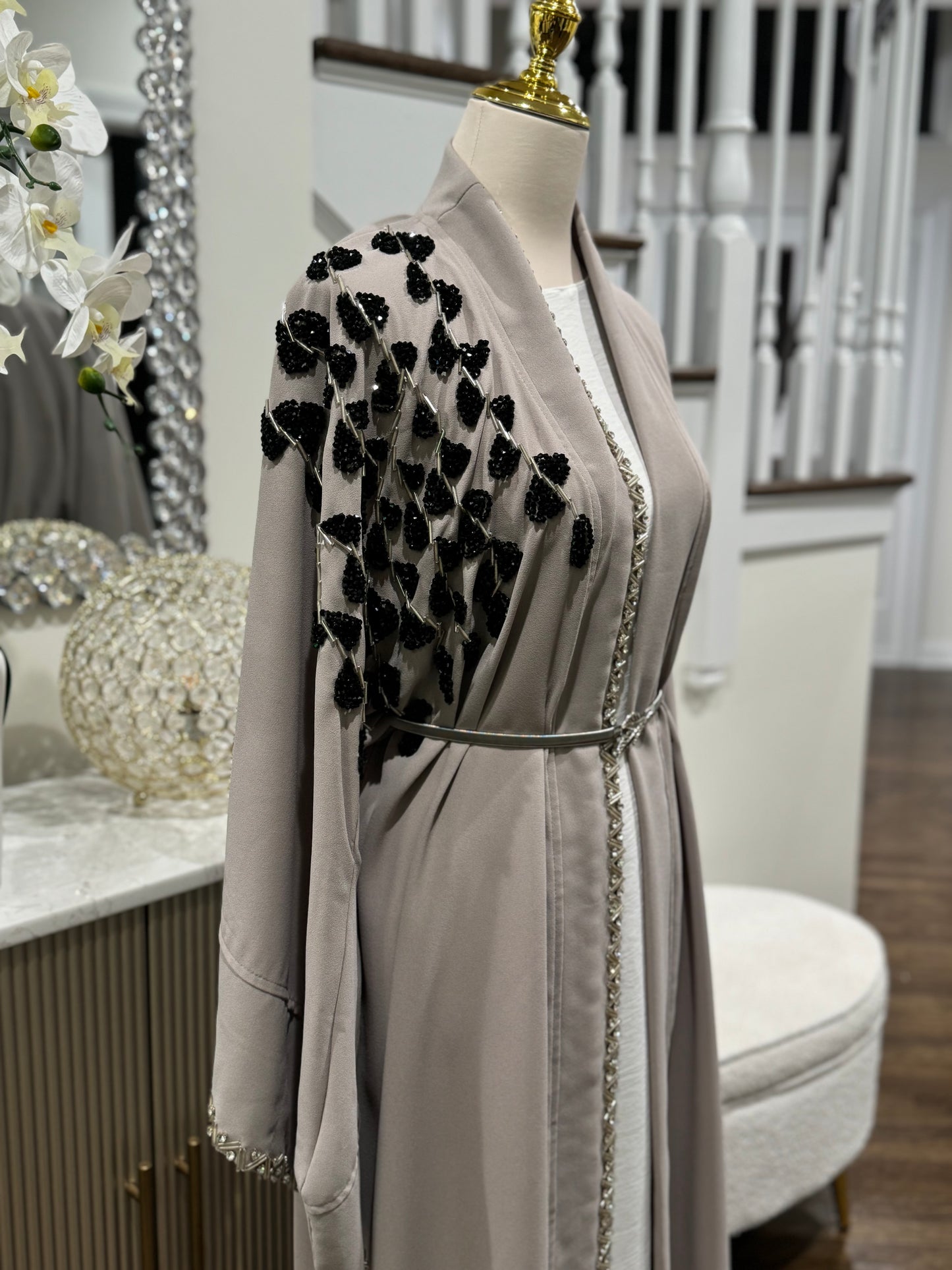 Embellished Black Silver Beaded Wide Sleeves Abaya