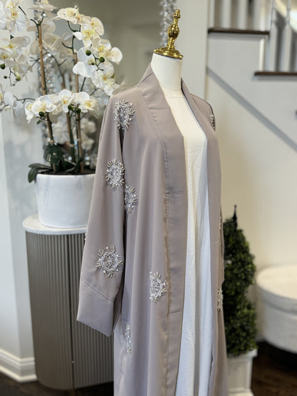 Embellished Beaded Gray Open Abaya Wide Sleeves