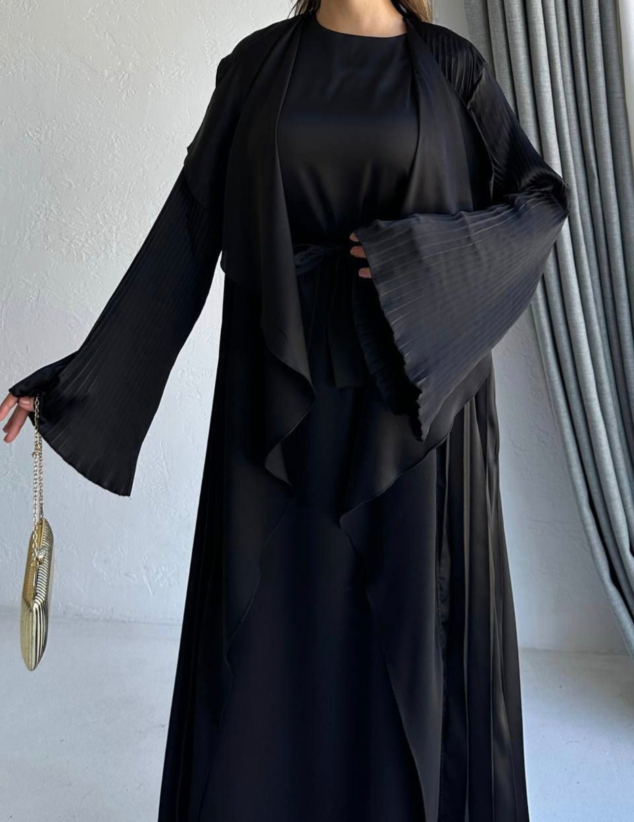 3 Pcs Satin Pleated Open  Abaya set