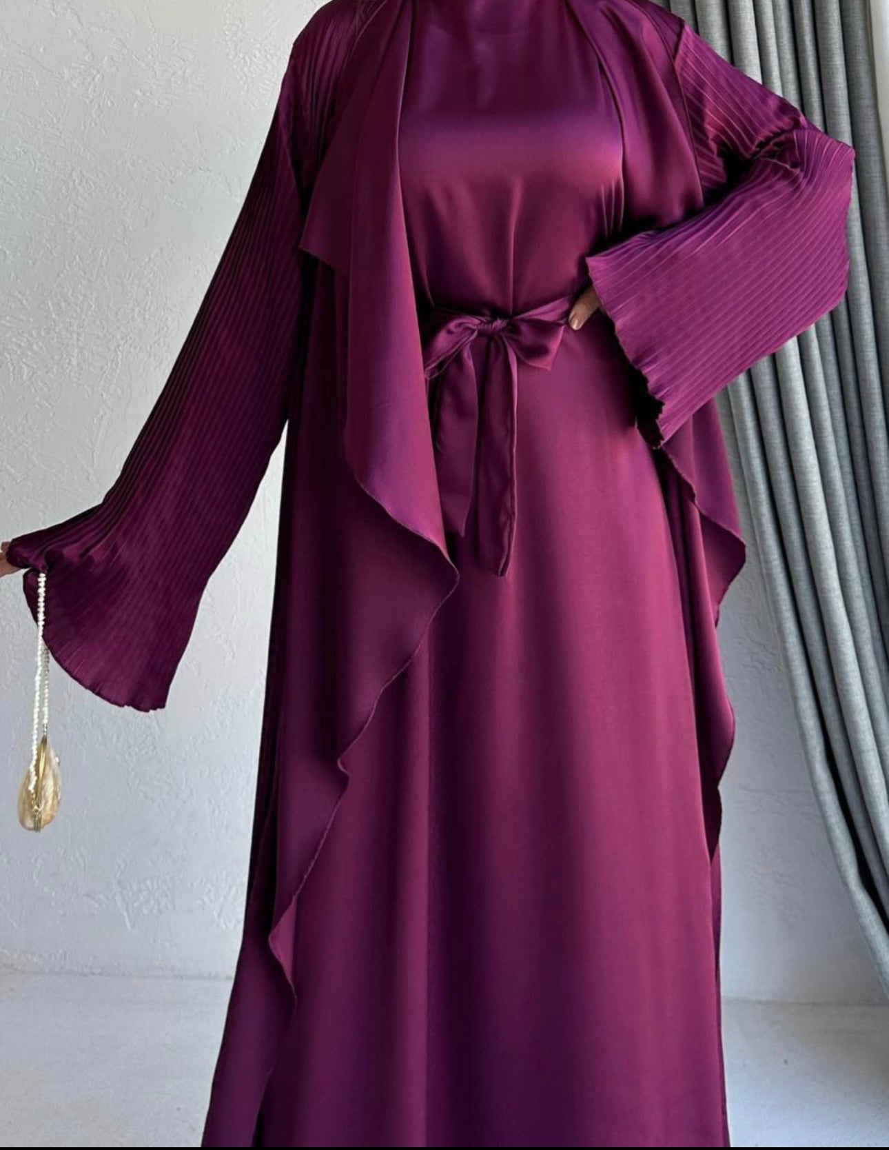 3 Pcs Satin Pleated Open  Abaya set