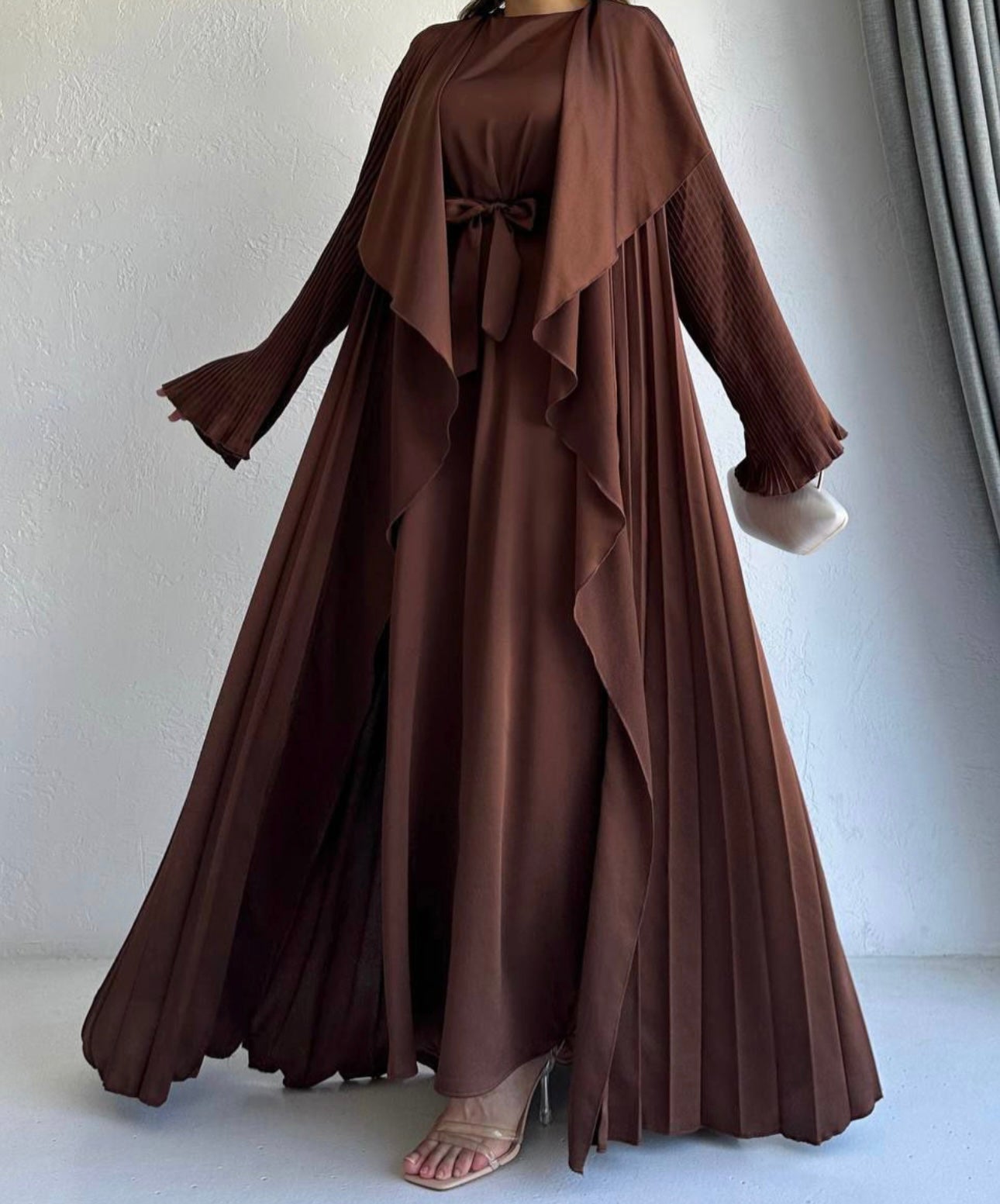 3 Pcs Satin Pleated Open  Abaya set