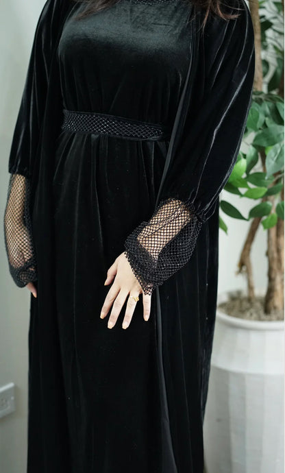 MAHAWI Velvet Embellished cuffed Abaya ( 4 pcs set)