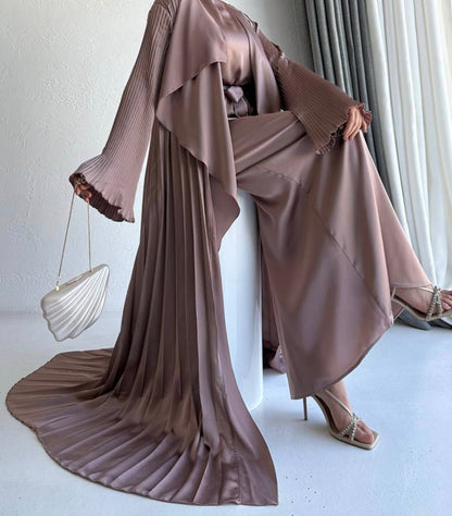 3 Pcs Satin Pleated Open  Abaya set