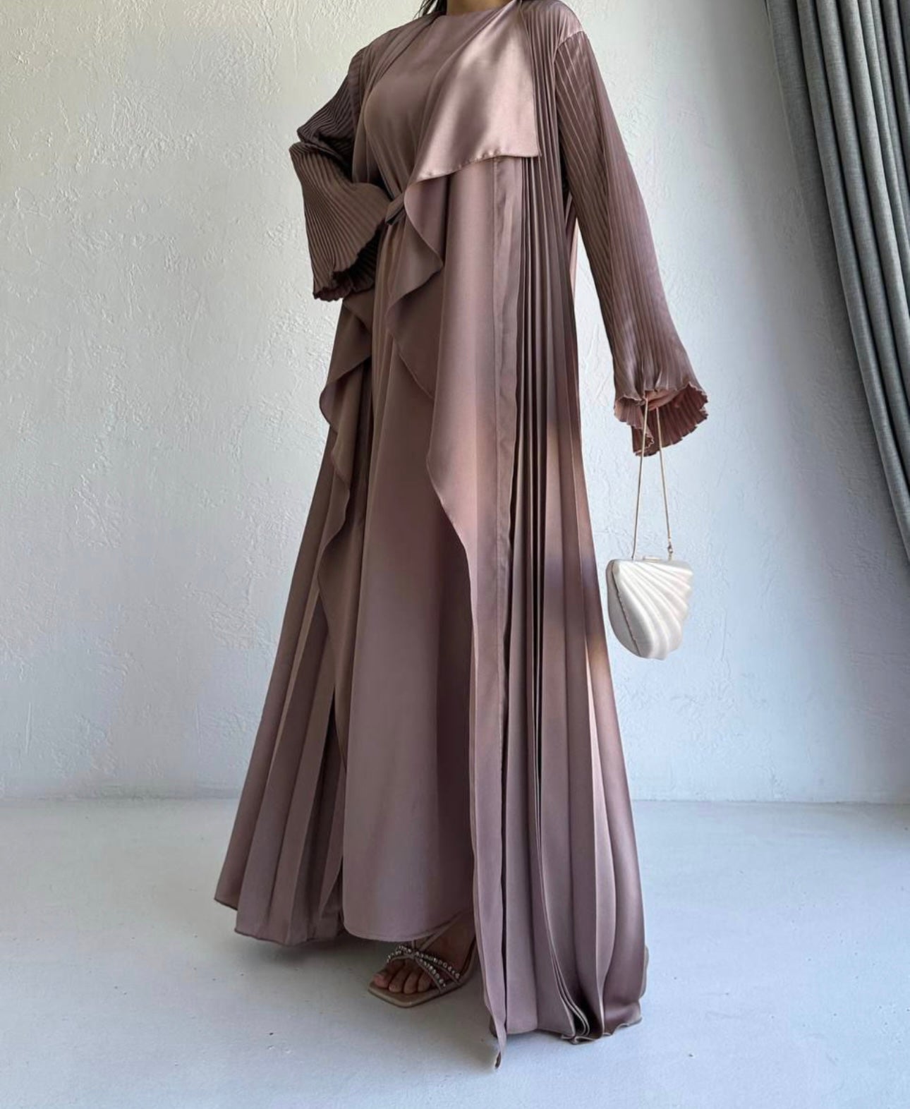 3 Pcs Satin Pleated Open  Abaya set