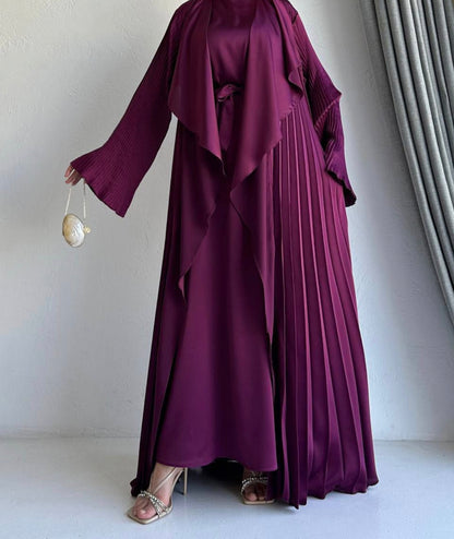 3 Pcs Satin Pleated Open  Abaya set