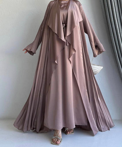 3 Pcs Satin Pleated Open  Abaya set