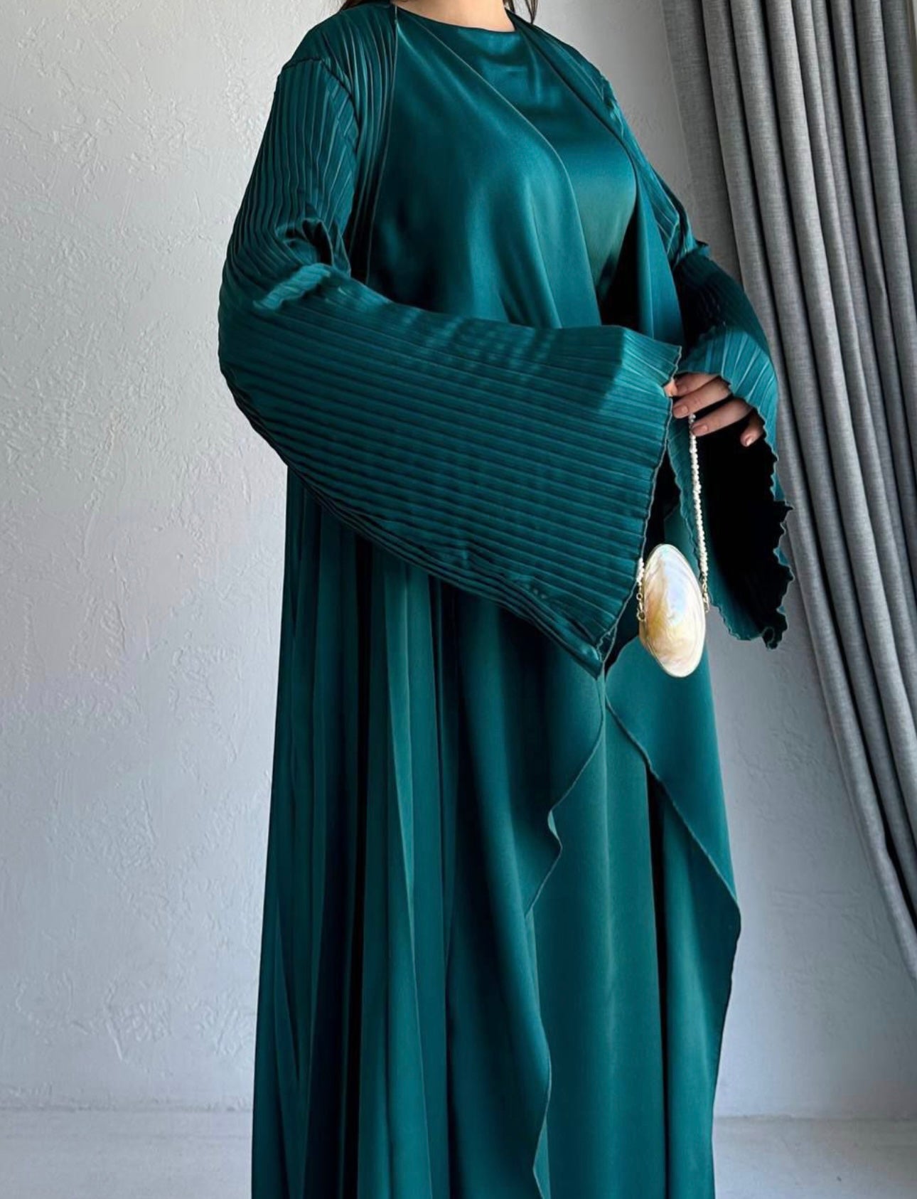 3 Pcs Satin Pleated Open  Abaya set