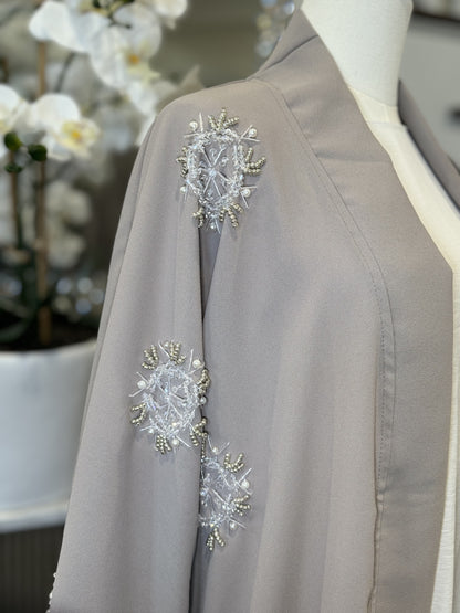 Embellished Beaded Gray Open Abaya Wide Sleeves