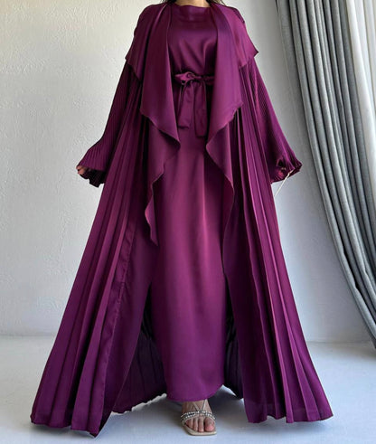 3 Pcs Satin Pleated Open  Abaya set