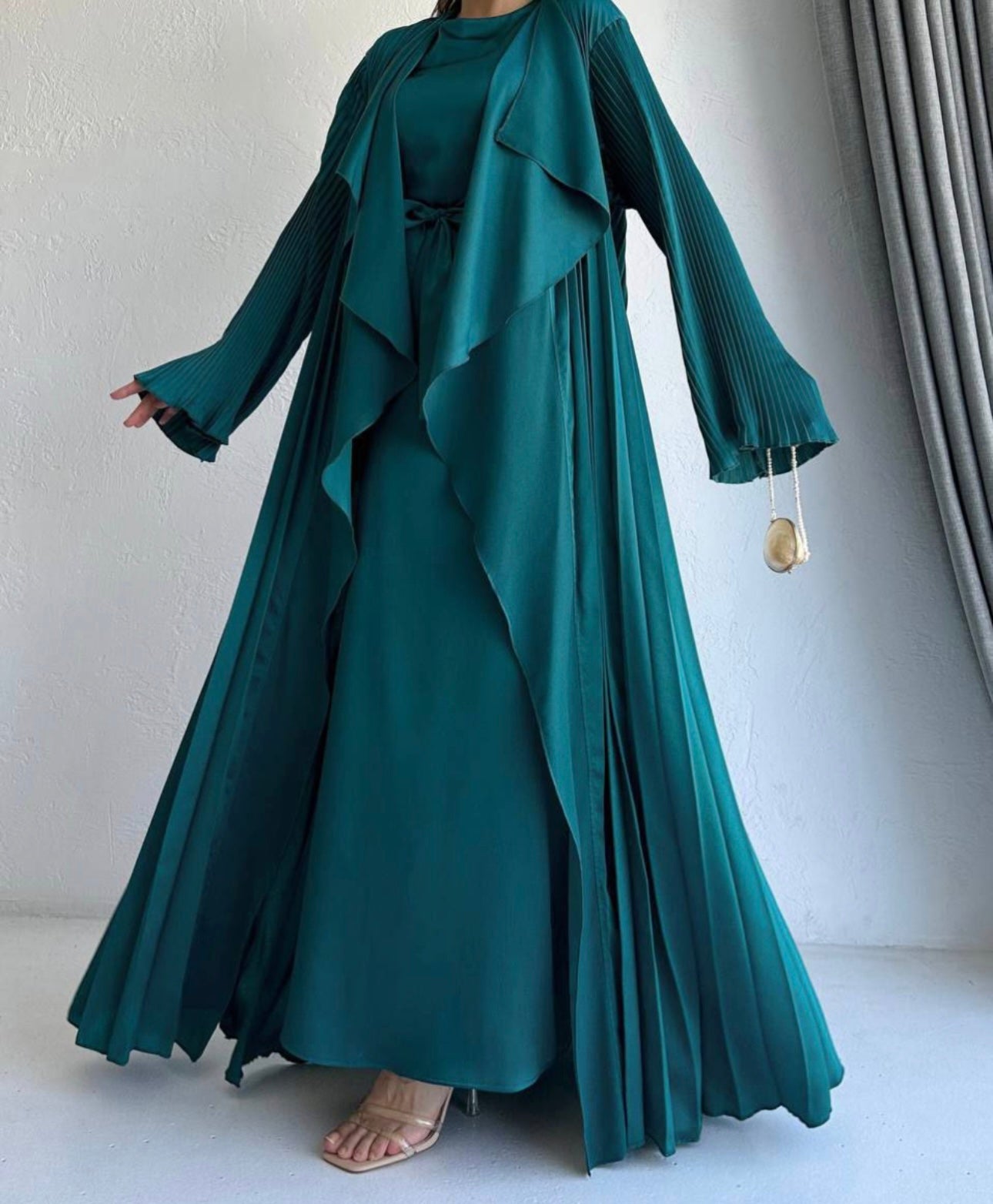 3 Pcs Satin Pleated Open  Abaya set