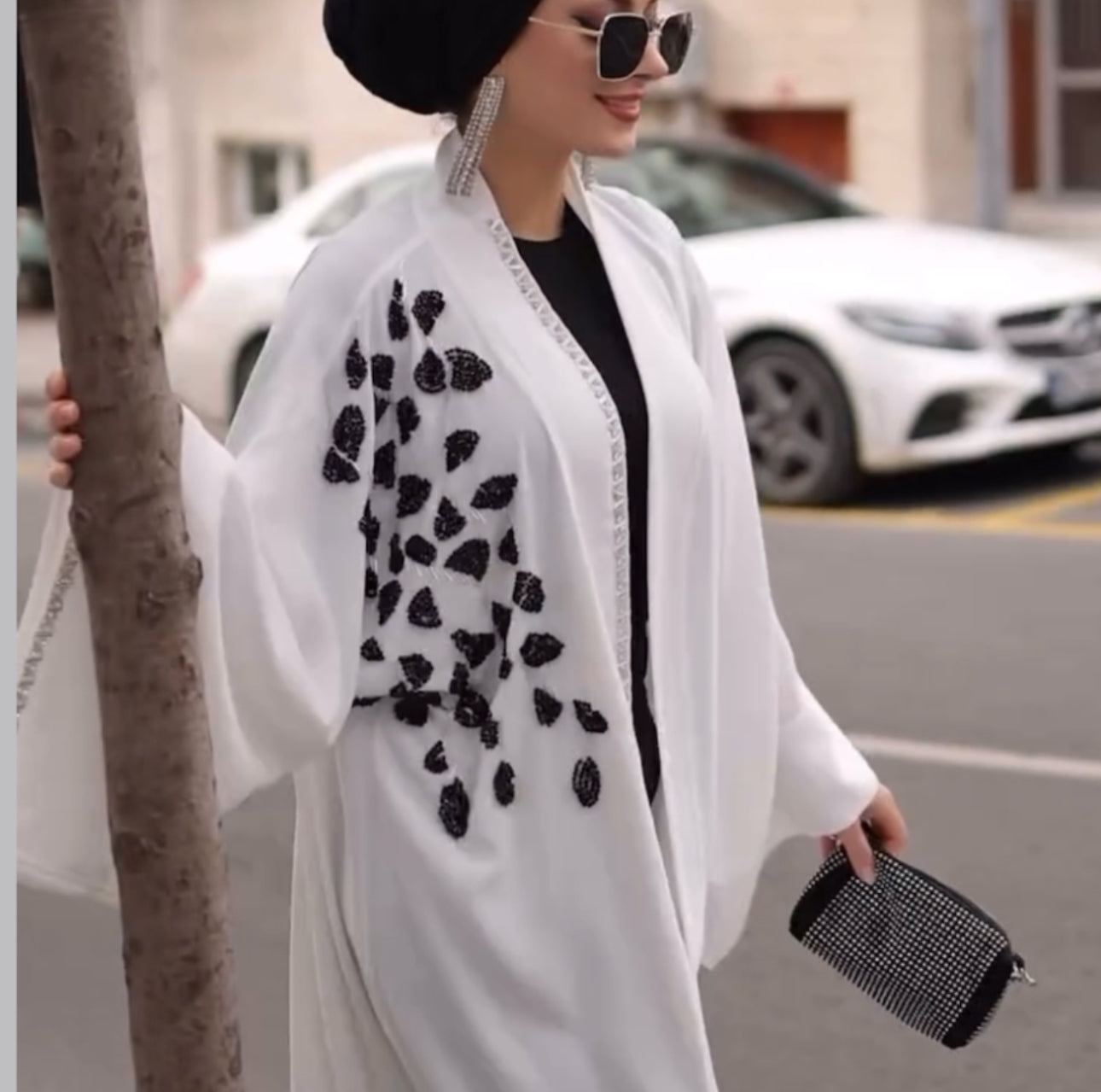 Embellished Black Silver Beaded Wide Sleeves Abaya