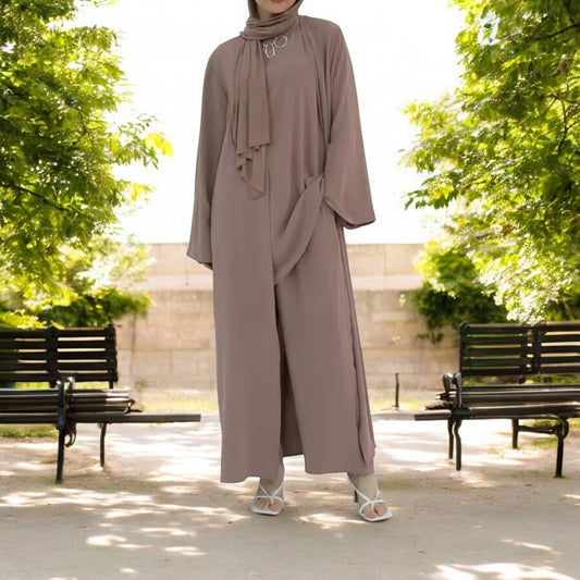 3 Pieces Set Plain Open Abaya Top and Pants Suit Sets