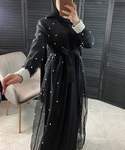 Pearl Embellished 3 PCS Tulle Abaya with Belt