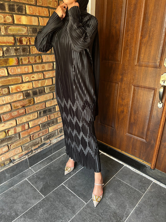 Long Sleeve Pleated Silk Maxi Belted Dress