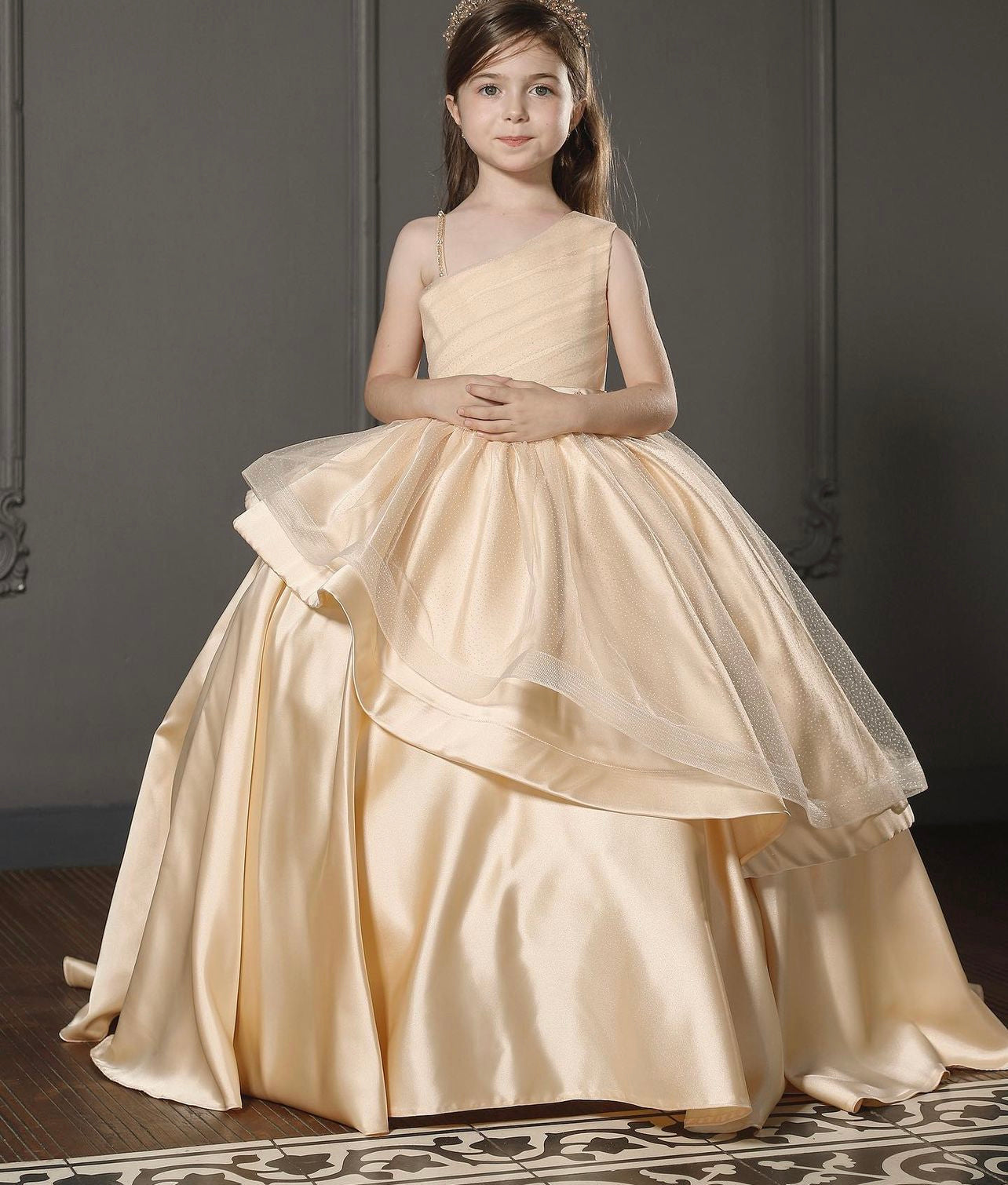 Mona Luxury Golden Puffy Flower Girl Wedding Embellished Strap Dress