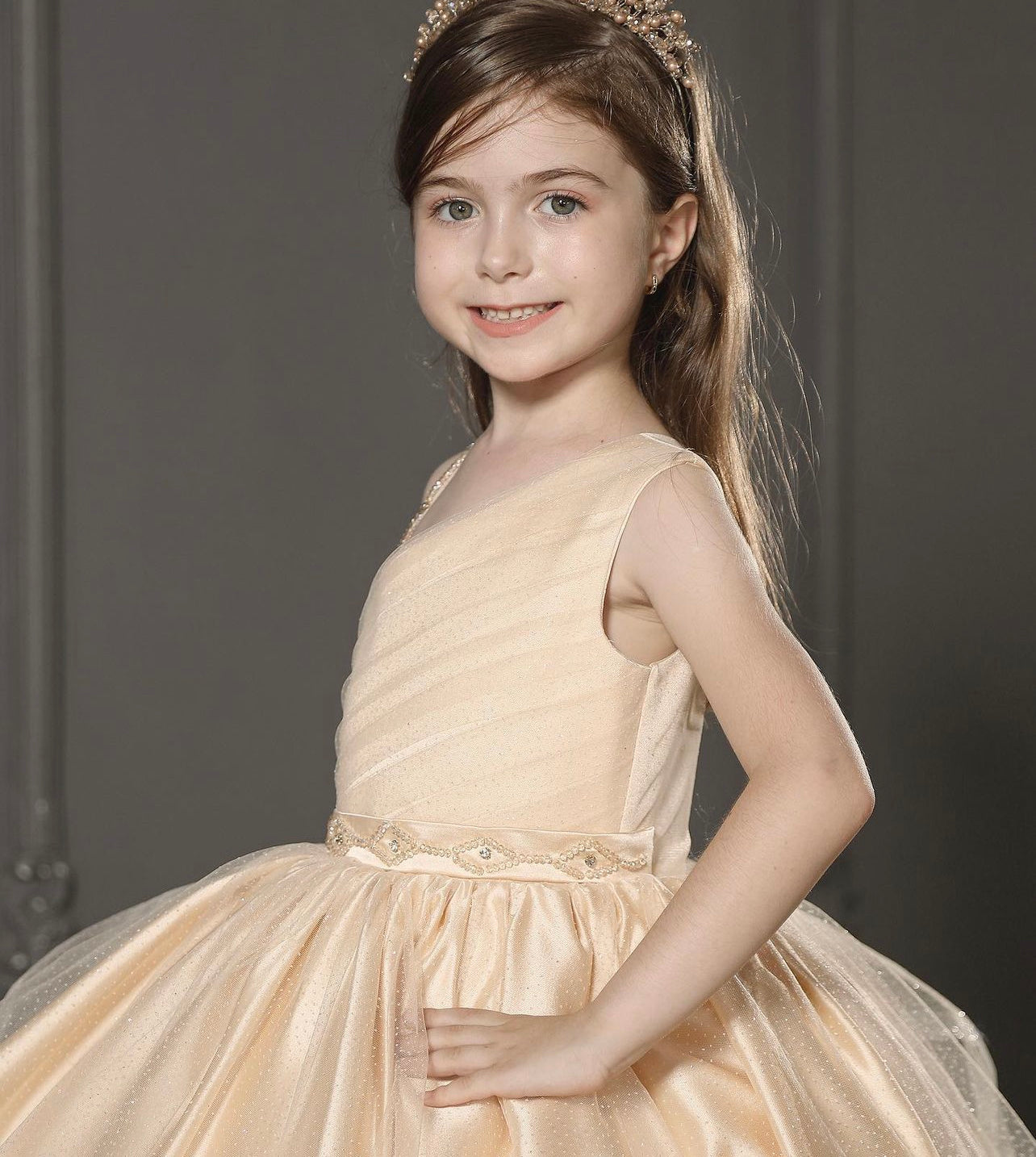 Mona Luxury Golden Puffy Flower Girl Wedding Embellished Strap Dress