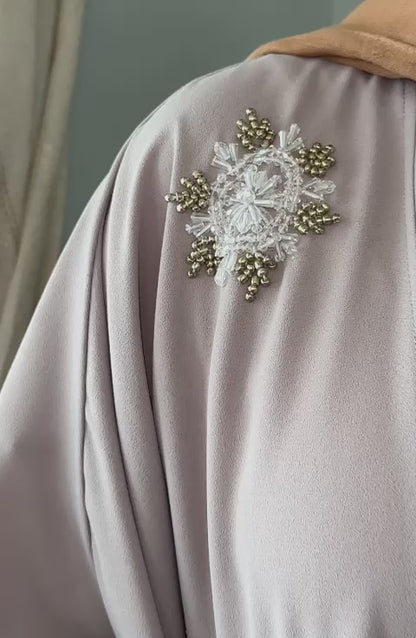 Embellished Beaded Gray Open Abaya Wide Sleeves