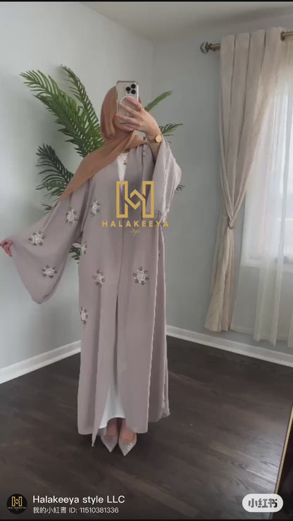 Embellished Beaded Gray Open Abaya Wide Sleeves